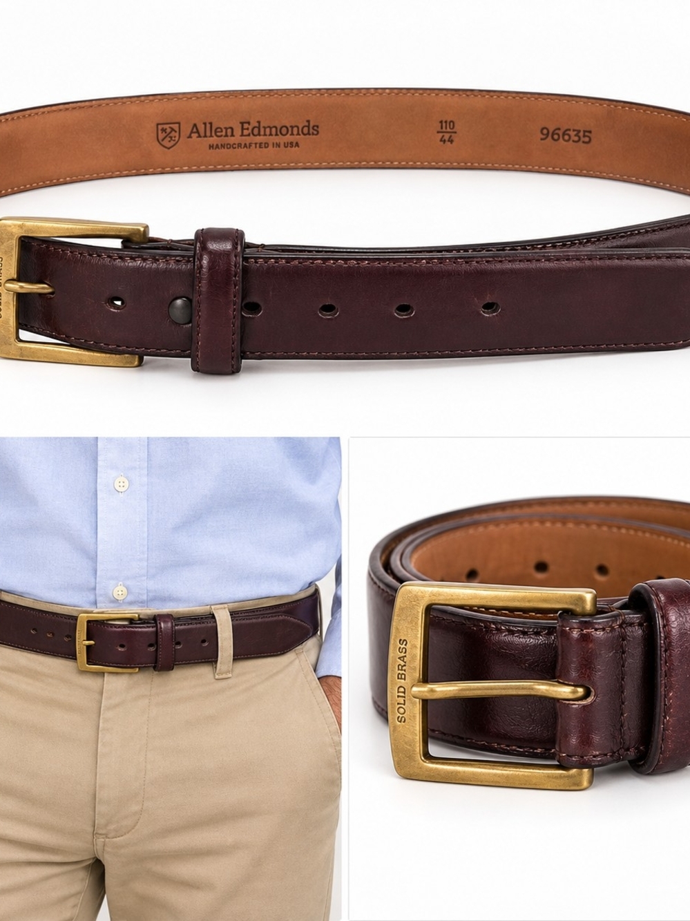 Allen Edmonds Poplar Sz 44 Belt Cordovan w/ Brass Double Interchangeable Buckle